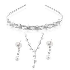  Bridal Wedding Rhinestone Pearl Decorated Jewelry Set Tiara Necklace Earrings