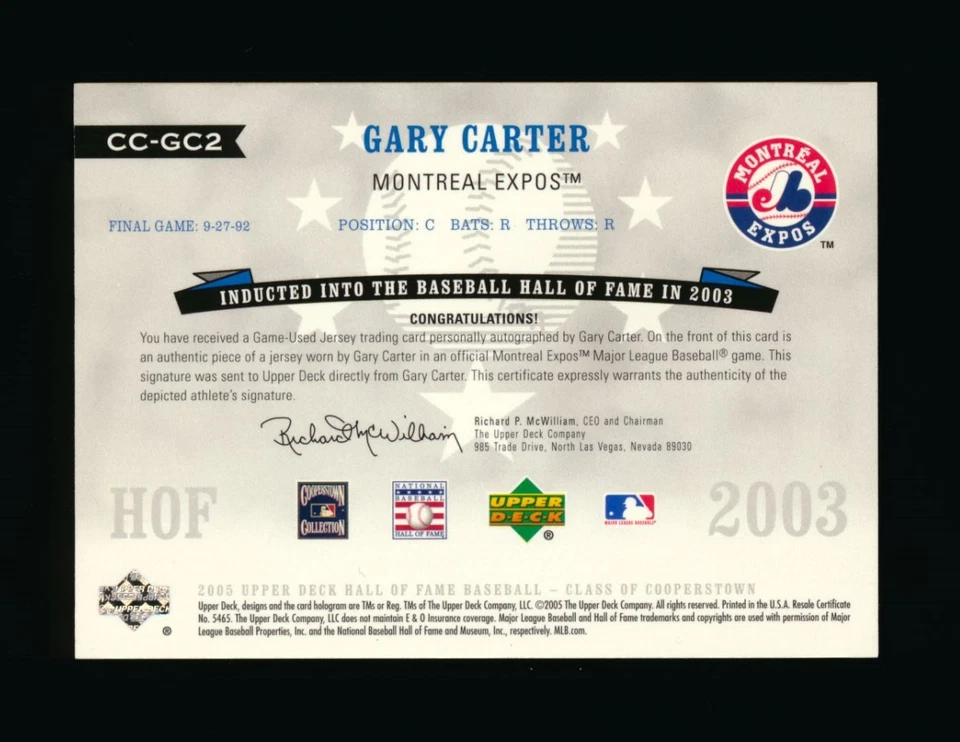 Camiseta deportiva UD Class of Coopertown Gary Carter 2005 automática #D 4/5 *1300 Foto 2 de 2