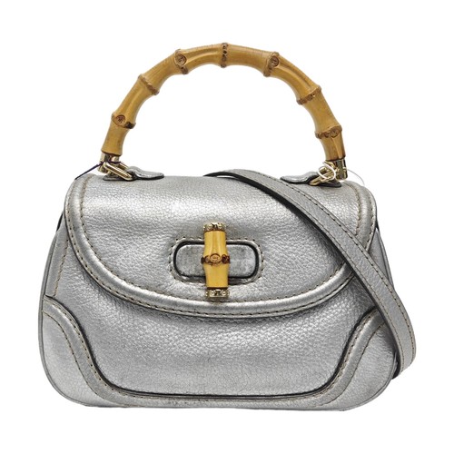 GUCCI Bamboo 1947 Silver Leather Bamboo Shoulder Bag