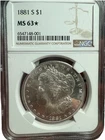 1881-S  $1 MORGAN SILVER DOLLAR MS63 NGC STAR GRADE PL