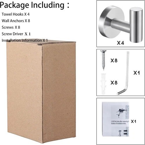 4-Pack Bath Towel Hooks Robe Wall Mount Heavy Duty Silver Hook Holder