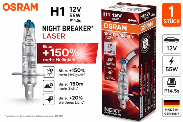 1 StüCk H1 12V 55W P14.5S Night Breaker Laser +150% Mehr Helligkeit Osram Licht,-image