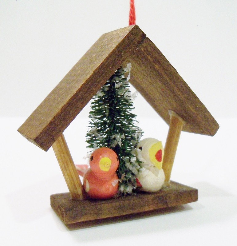Birds in House Wooden Wood Bottle Brush Sisal Tree Italy Vntg Miniature Ornament