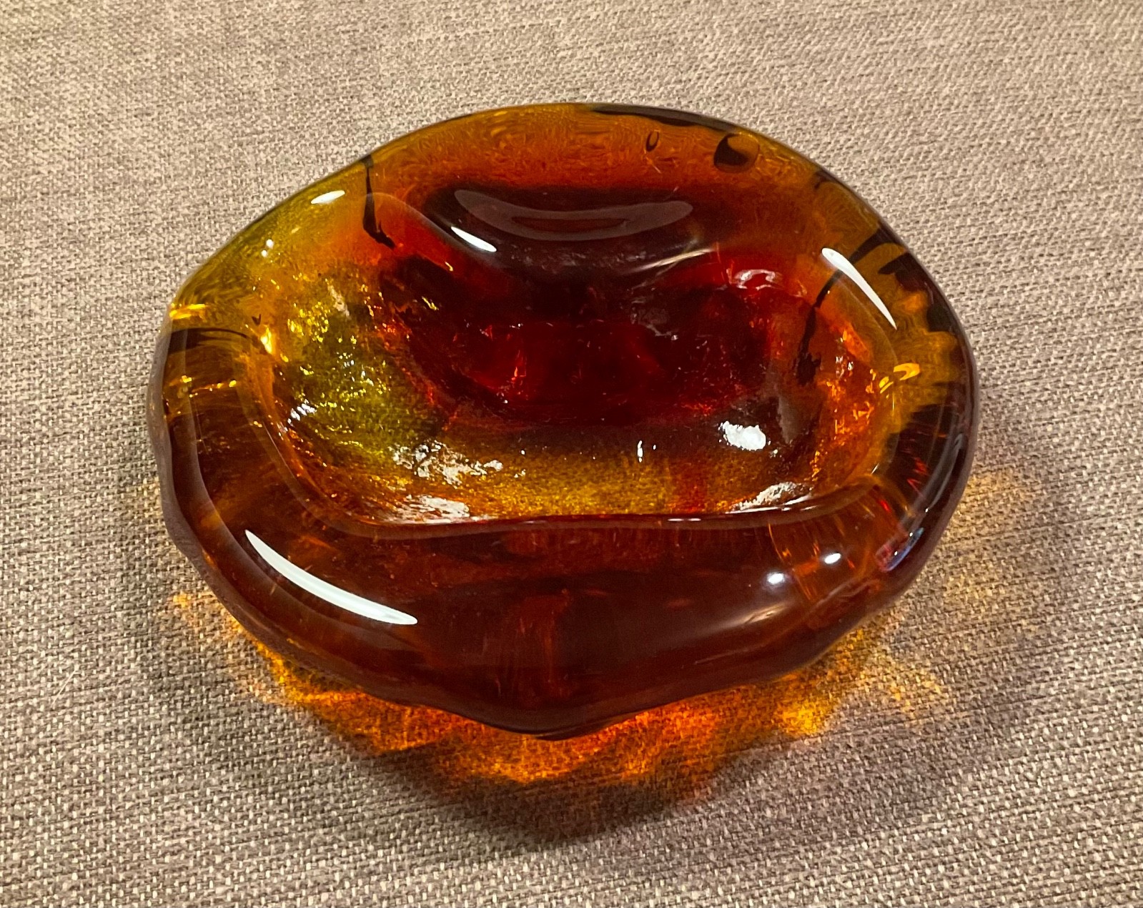 Vintage 1950s Blenko Amber Freeform Blob Ashtray Dish