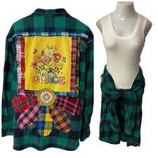 Upcycled Flannel Shirt Womens 3X Shacket Christian Grunge Bible Study Patch Art