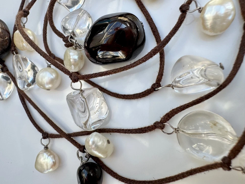 Collier Halskette Choker | Silber Halbedelsteine | Granat | echte Perlen | Seide - Bild 3 von 4