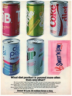 1985 Sweet 'N Low Print Ad, Diet Coke Sprite Pepsi 7UP Small Metal Cans Packet