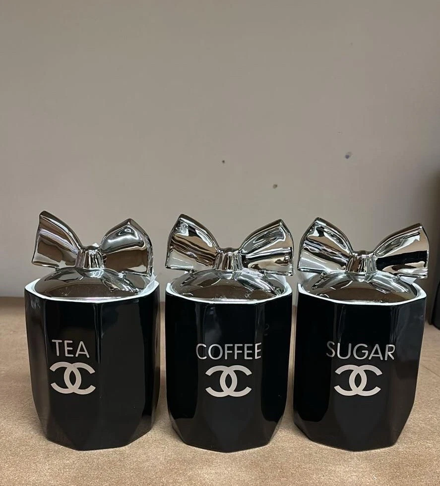 Tea Coffee Sugar Jar Black Chrome Bow Storage Set Ceramic Air Tight Canisters