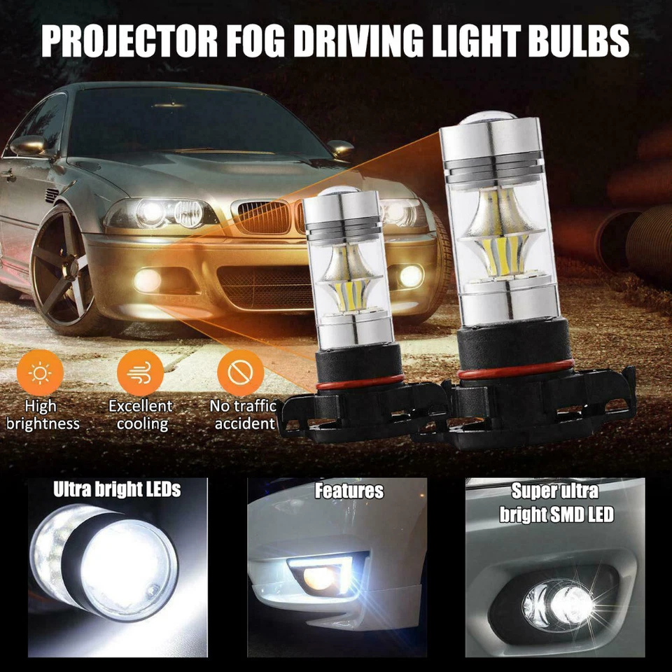 2pcs H11 H8 LED Bulbs 6000K 12V 100W White Super Bright Fog Light High Power - Image 2 of 4