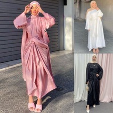 Dubai Women Long Dress Abaya Muslim Robe Kimono Open Cardigan Kaftan 2Pc Sets