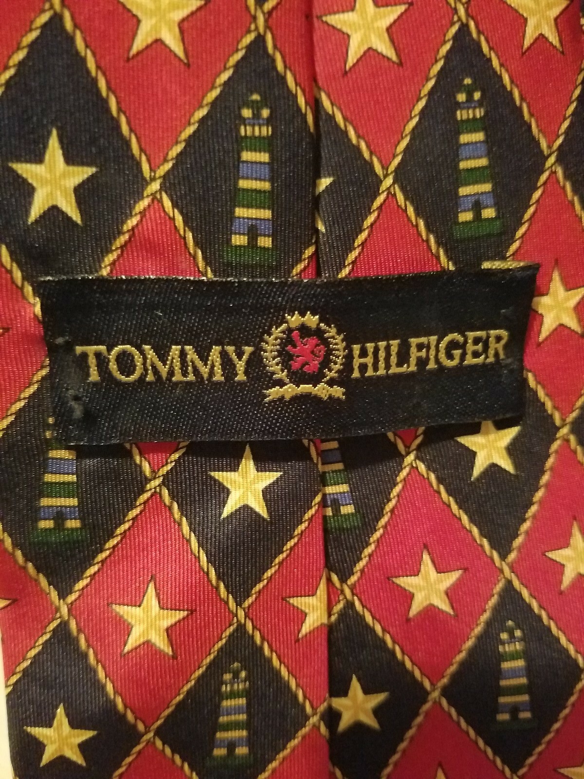 Tommy Hilfiger Mens Tie Red Blue Yellow Stars Lighthouses Classic Italian Silk  thumbnail 7