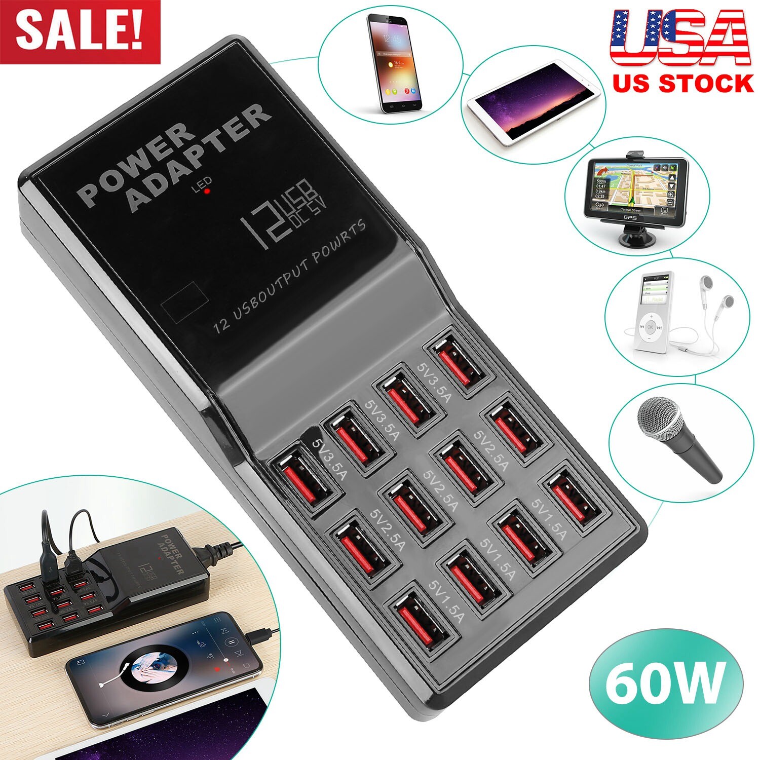 60W 12-Port USB Fast Charging Station for Phones Tablets