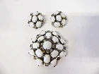 Vintage Milk Glass Clip-on Earrings & Pin Brooch Set Silver Tone Metal Unmarked