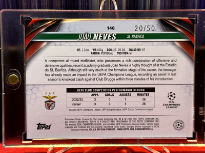 2023-24 Topps UEFA Joao Neves Rookie RC Gold 20/50 Benfica PSG