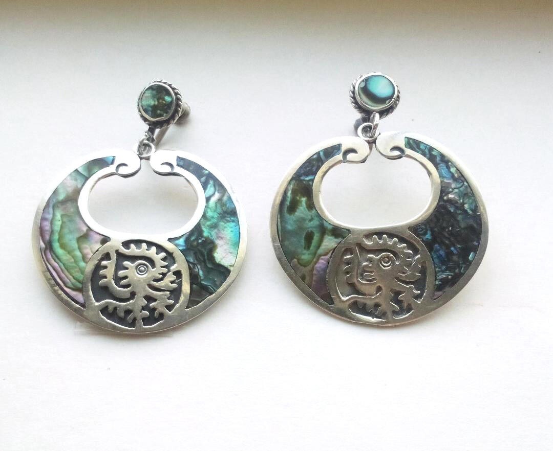 Large Sterling Silver Abalone Ozomatli Aztec Monk… - image 1