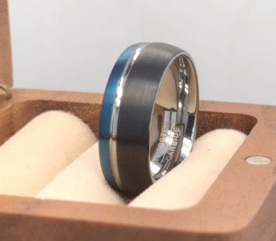 Gift For Girlfriend Stain Surface Polished Ring Black Blue Silver Tungsten Band