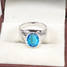 Blue Topaz Oval Cut Gemstone With 925 Sterling Silver Ring For Men's #A896