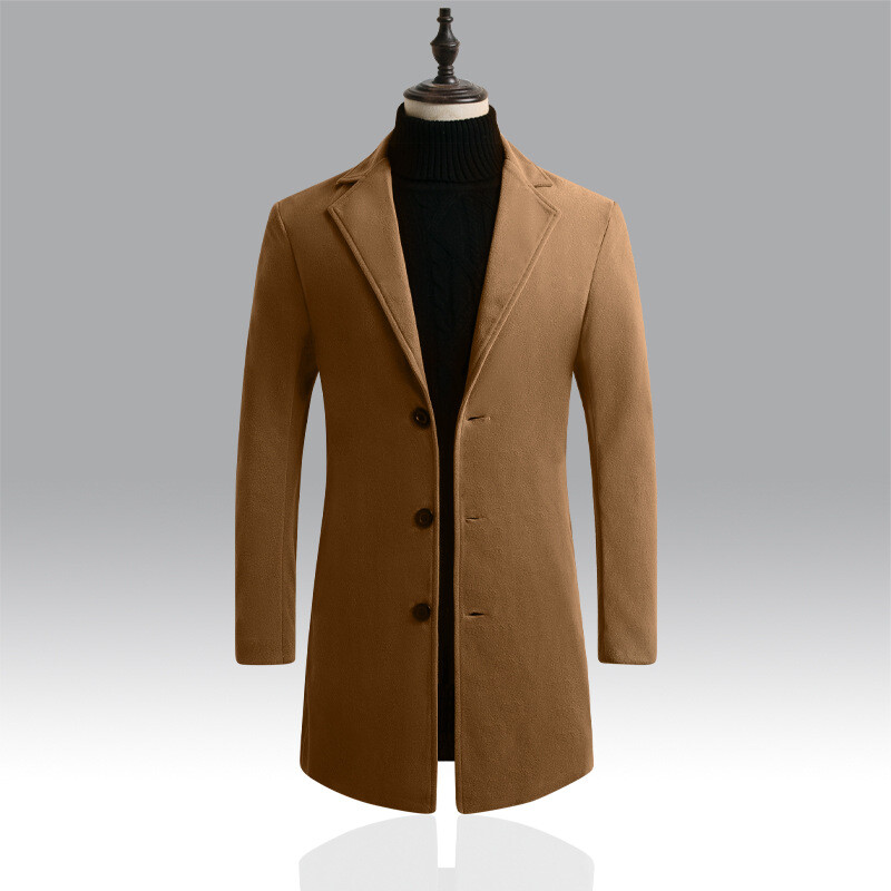 Men's Faux Woolen Trench Coat Long Sleeve Overcoat Top Jacket