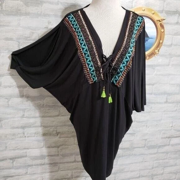 Capa de natação Nanette Lepore feminina preta bordada com miçangas NOVO tamanho P - Imagem 2 de 4