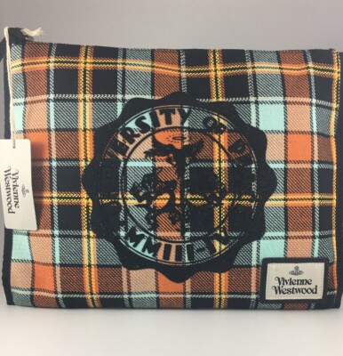 【Vivienne Westwood】Elena clutch orange-blue VIVIENNE WESTWOOD ORANGE BLUE TARTAN ELENA POUCH ZIP TOP