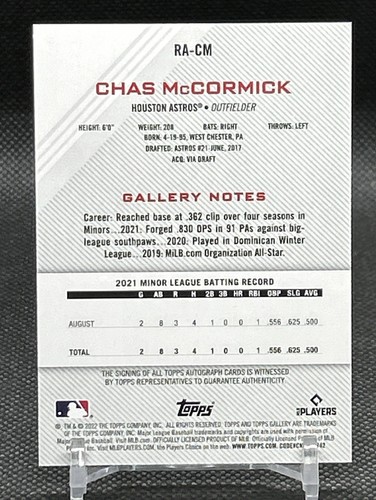 2022 Topps Gallery - Rookie Autographs Chas McCormick #RA-CM (AU, RC) - Bild 7 von 13