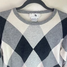 Saks Fifth Avenue 100% Cashmere Sweater Women Small Gray Argyle Crew Neck