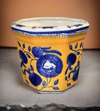Asian-Style Hexagonal Yellow & Blue Glazed 4.25” Ceramic Planter-4.25”x5”-EUC
