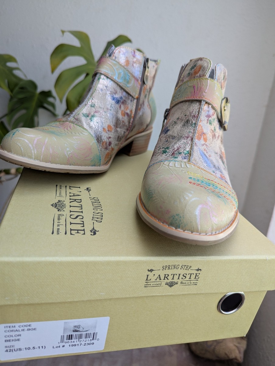 42点 L'artiste Coralie Bootie Beige Floral Leather Size EU 42 US 10.5