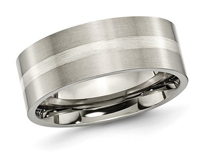Mens Brushed Titanium Wedding Band Ring with Sterling Silver Inlay (8.00mm)