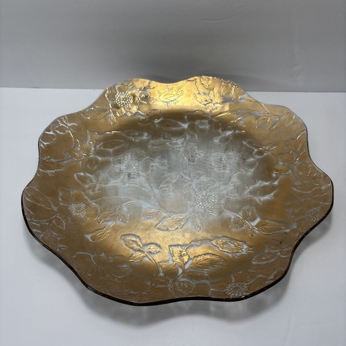 Vintage Etched Glass Plate 11” Gold Floral Scalloped Edge Mid-Century - Picture 2 of 10