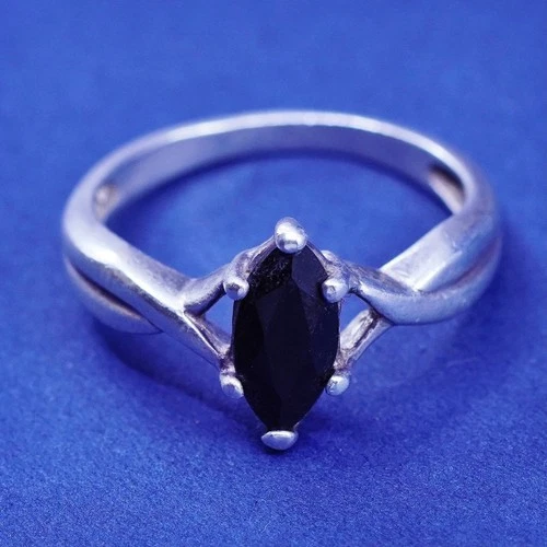 Size 6.75, vintage Sterling 925 silver handmade ring with marquise obsidian