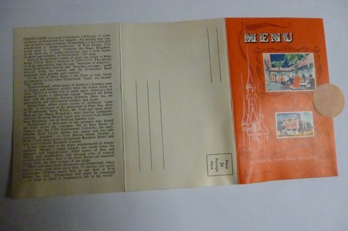 1959 Menu Disneyland Carnation Ice Cream Parlor Pavilion Postcard Mailer trifold