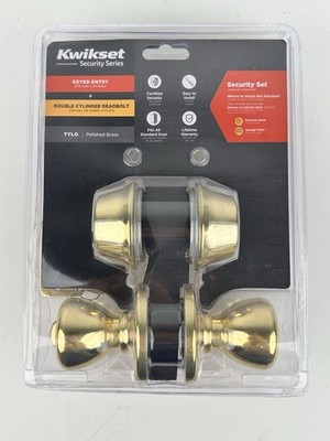 NEW Kwikset Tylo Polished Brass Entry Door Knob & Double Cylinder Deadbolt Combo