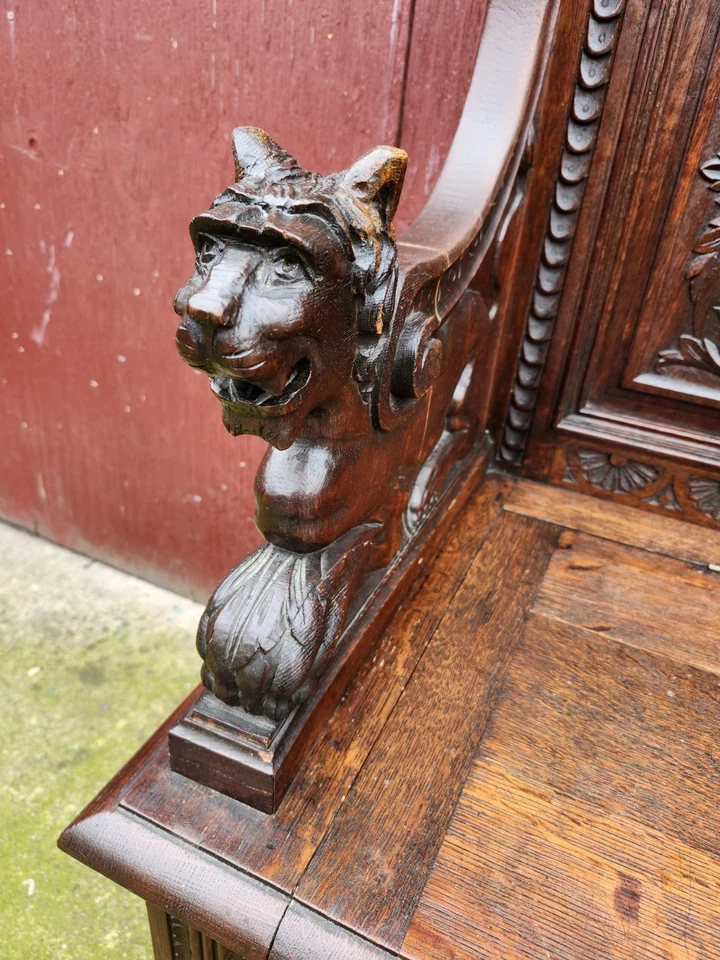 Antiguo banco de salón figurativo tallado renacimiento renacentista circa 1880 Foto 3 de 4