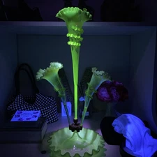 Antique Green Vaseline Glass Epergne Tulip Horn Centerpiece Vintage