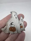 Vintage Folk Art Tin Pin Halloween Ghosts Signed J Patm 1997