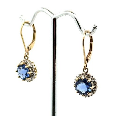 Ross Simons 925 Sterling Silver Gold Vermeil Blue Stone Earrings, CZ Halo, 3.1g