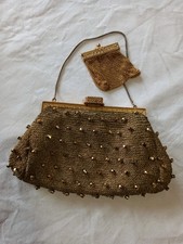 BORSETTA DA CERIMONIA VINTAGE 70 CON BORSELLINO RETE METALLO COLOR ORO PERLINE 