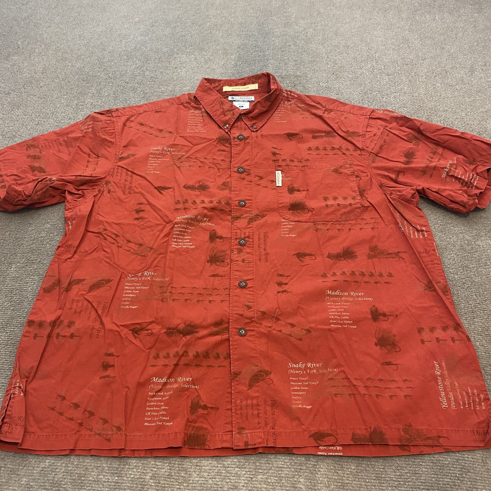 VTG Columbia River Lodge Shirt Mens XL Red Fishing Fly Print Button Up Outdoors