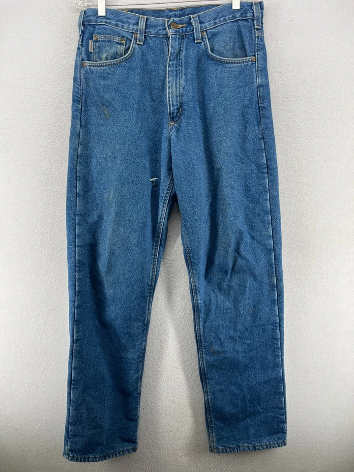 Pantalones de mezclilla CARHARTT para hombre 32x34 B155 calce relajado forrados de lana algodón azul Foto 2 de 4