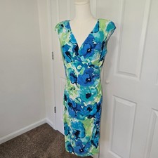 Lauren Ralph Lauren Sheath Dress Womens 10 Blue Green Floral Ruched V-Neck Cap