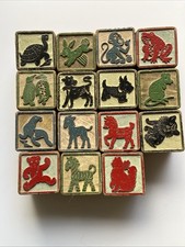 15 Vintage Wooden Blocks Animals Numbers Words Distressed Crafts Play Old Toy