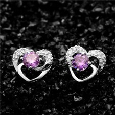 Cute New Silver Plated Round Amethyst Purple CZ  Crystal Heart Stud Earrings 