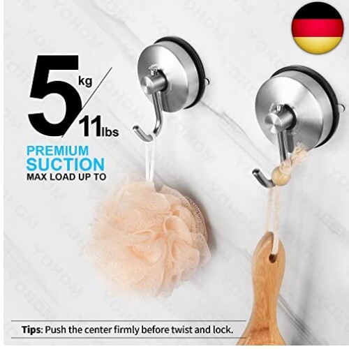 YOHOM Vakuum Saugnapf Haken – 4 Stück, Edelstahl Matt Schwarz, Hält Bis 5 Kg, Ohne Bohren