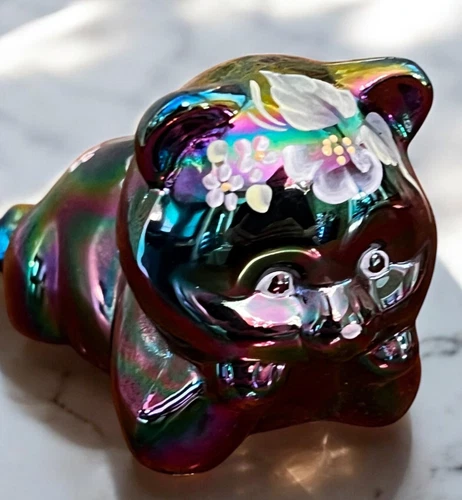 Vintage Fenton Iridescent Plum Carnival Glass Signed Hand Painted Bear