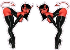 Red Devil in Black Leather Pin Up Girl Pairs Decal Sticker 6" each 