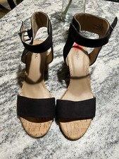 MERONA CORK BLOCK HEEL WITH BLACK DENIM STRAPS ANKLE BUCKLE SIZE 8