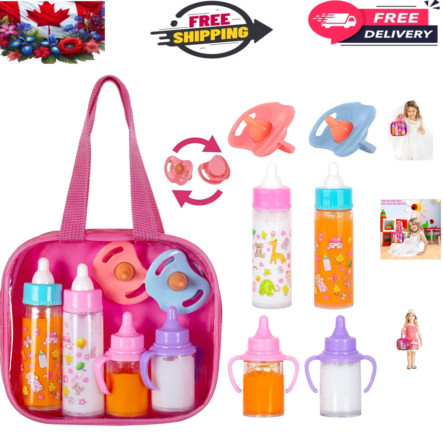 Portable Doll Feeding Playset with Bottles & Pacifiers - For Kids 3-10 Years