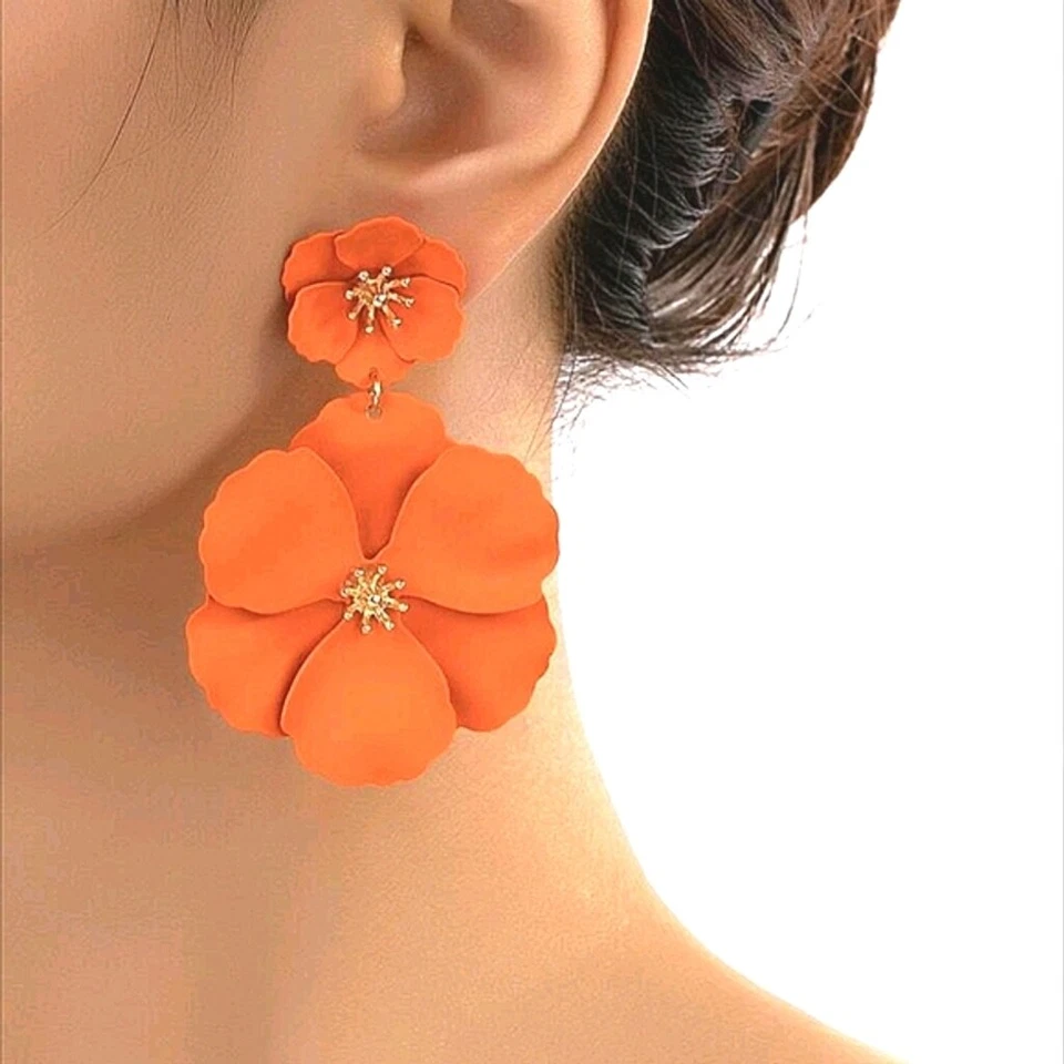 Pendientes Naranja Floral Bohemio - Suave Clip-on Flor Mandarina Pendiente Foto 4 de 4