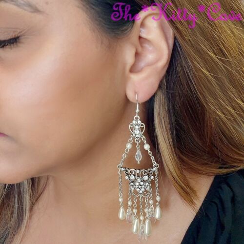 Elegant Silver Scroll, Sparkling Swarovski Crystal Long Chandelier Deco Earrings - Picture 1 of 8